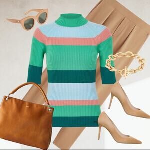 Numph Mock Neck Striped Ribbed Top NWT Vibrant Bodycon